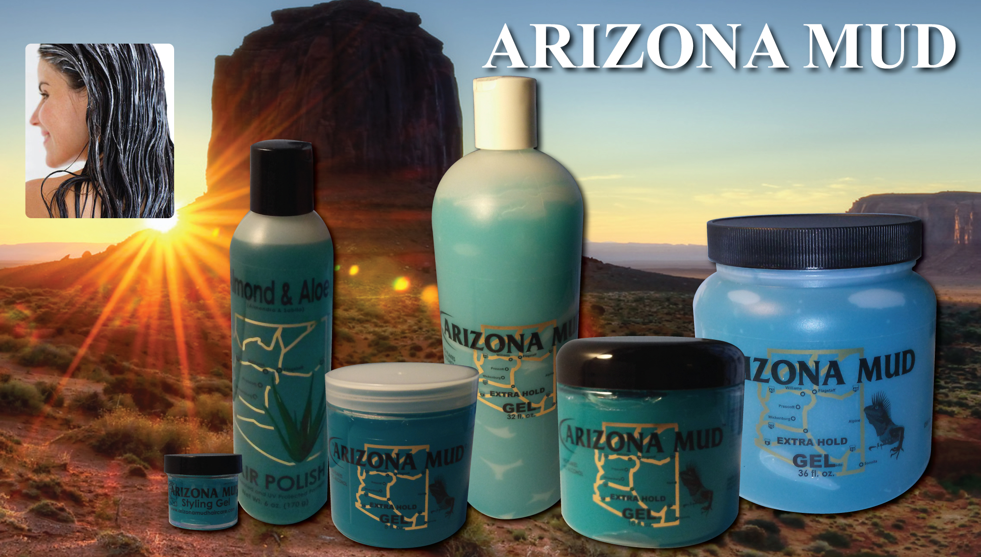 Arizona Mud styling gel and hair polish containers shown in front of a desert landscape at sunrise